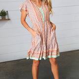 Sage Boho Floral Button Detail V Neck Ruffle Dress