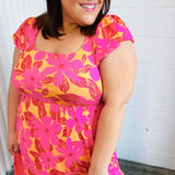 Fuchsia & Orange Tropical Floral Square Neck Dress