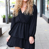 Falling In Love Black Surplice Tiered Woven Dress