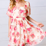 Peach Floral Chiffon Puff Sleeve Dress