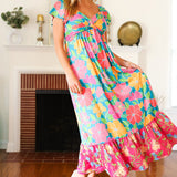 Vacay Vibes Blue Floral Print Sweetheart Twisted Neckline Maxi Dress