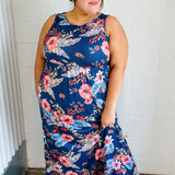 Navy Floral Fit and Flare Sleeveless Maxi Dress