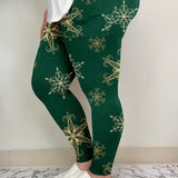 Green & Gold Snowflake Leggings w/ Pockets