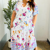 Beautiful You Ivory & Blue Floral Border Print Smocked Waist Dress