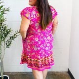 Find Romance Fuchsia Boho Floral Button V Neck Ruffle Dress