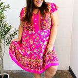 Find Romance Fuchsia Boho Floral Button V Neck Ruffle Dress