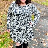 Charcoal Blue Floral Long Sleeve Babydoll Dress