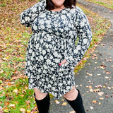 Charcoal Blue Floral Long Sleeve Babydoll Dress