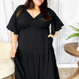 Talk Of The Town Black Elastic V Neck Tiered Maxi Dress