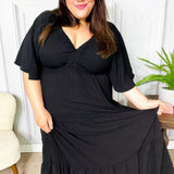 Talk Of The Town Black Elastic V Neck Tiered Maxi Dress