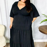 Talk Of The Town Black Elastic V Neck Tiered Maxi Dress