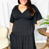 Talk Of The Town Black Elastic V Neck Tiered Maxi Dress