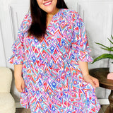 Love Found Blue & Lavender Ikat Print V Neck Dress