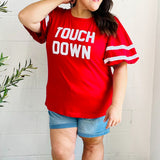 Stand Out Red "TOUCHDOWN" Sequin Bubble Sleeve Game Day Top