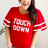 Stand Out Red "TOUCHDOWN" Sequin Bubble Sleeve Game Day Top