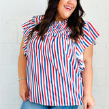 American Red White & Blue Stripe Shirred Yoke Neck Top