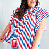 American Red White & Blue Stripe Shirred Yoke Neck Top