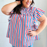 American Red White & Blue Stripe Shirred Yoke Neck Top