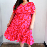 Remember Me Red & Pink Floral Print Smocked Waist Midi Dress