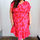 Remember Me Red & Pink Floral Print Smocked Waist Midi Dress