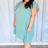 Out For The Day Sage Crinkle Woven Ruffle Sleeve Dress