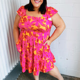 Fuchsia & Orange Tropical Floral Square Neck Dress