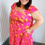 Fuchsia & Orange Tropical Floral Square Neck Dress