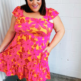 Fuchsia & Orange Tropical Floral Square Neck Dress