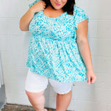 Aqua Boho Print Ruffle Short Sleeve Babydoll Top