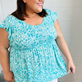 Aqua Boho Print Ruffle Short Sleeve Babydoll Top