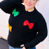 Be Merry Black Multicolor Sequin Bow Knit Sweater