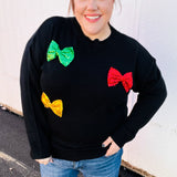 Be Merry Black Multicolor Sequin Bow Knit Sweater