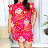 True Love Pink & Red Floral Smocked Ruffle Sleeve Dress