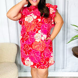 True Love Pink & Red Floral Smocked Ruffle Sleeve Dress