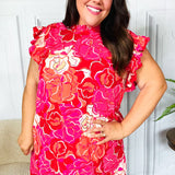 True Love Pink & Red Floral Smocked Ruffle Sleeve Dress