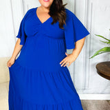 Live For Today Royal Blue Elastic V Neck Tiered Maxi Dress