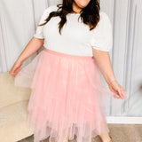 Feeling Femme' Blush Asymmetric Tiered Tulle Midi Skirt