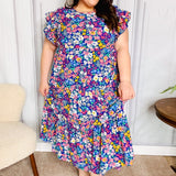 Just A Dream Navy Floral Smocked Ruffle Sleeve Maxi Dress