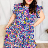 Just A Dream Navy Floral Smocked Ruffle Sleeve Maxi Dress