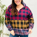 Holiday Ready Red & Mustard Plaid Notched Neck Flannel Hoodie