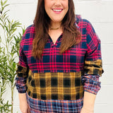 Holiday Ready Red & Mustard Plaid Notched Neck Flannel Hoodie