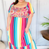 Feeling Bold Fuchsia & Teal Striped Medallion Crochet Print Dress