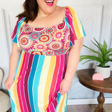 Feeling Bold Fuchsia & Teal Striped Medallion Crochet Print Dress