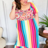 Feeling Bold Fuchsia & Teal Striped Medallion Crochet Print Dress