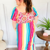 Feeling Bold Fuchsia & Teal Striped Medallion Crochet Print Dress