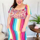 Feeling Bold Fuchsia & Teal Striped Medallion Crochet Print Dress