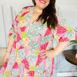 Look Of Love Lime & Coral Patchwork Print V Neck Dress