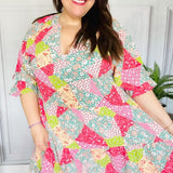 Look Of Love Lime & Coral Patchwork Print V Neck Dress