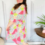 Look Of Love Lime & Coral Patchwork Print V Neck Dress