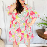 Look Of Love Lime & Coral Patchwork Print V Neck Dress